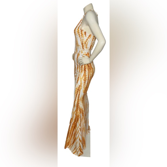 UNBRANDED Yellow/White Tie Dye Racerback Halter Mermaid Fitted Cutout Maxi Dress - Picture 6 of 13